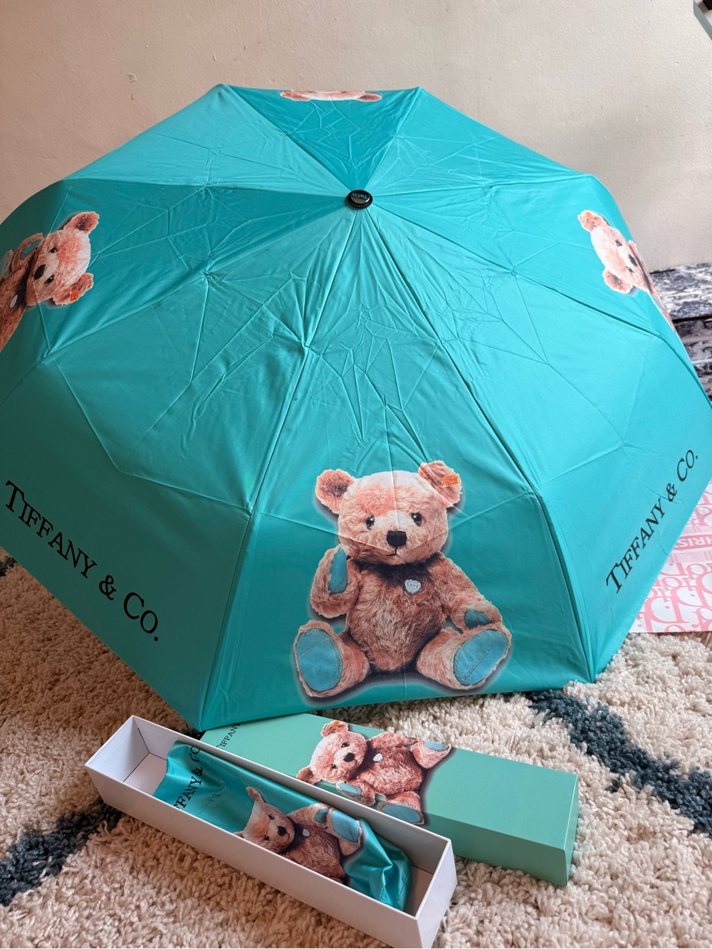 Tiffany & Co. Teal Umbrella with Teddy Bear Motif New in box NO TAG - Picture 4 of 7